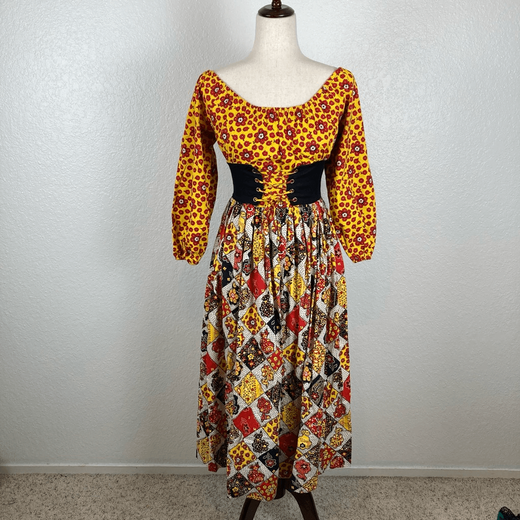 Vintage 60s 70s Peasant Corset Boho Patchwork Floral stretchy midi 