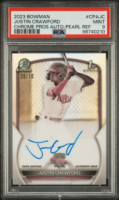Justin Crawford 2023 Bowman Chrome Auto Pearl Refractor /10 PSA 9 Phillies RC