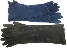 2 Prs Vtg Gloves Kid Leather Below-elbow Brown, Navy Blue: Sz 6.5  6, Very Nice
