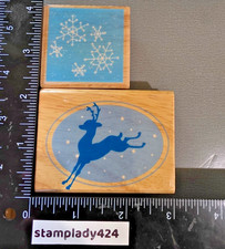 Lot Christmas Rubber Stamp Wood Mount Reindeer in Oval with Snow Snowflakes
