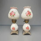 Pair Vintage Victorian Three-Way Cabbage Pink Rose Glass and Brass Table Lamp