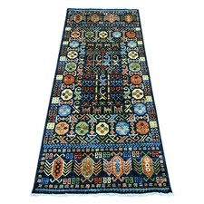 2'8"x6'4" Blue Hand Knotted Afghan Ersari Hutchlu Design Wool Runner Rug 22936