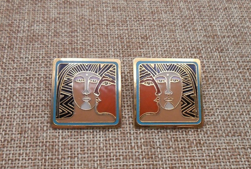 Vintage Laurel Burch Ancient Ancestors Tan & Rust Enamel Post Earrings E12