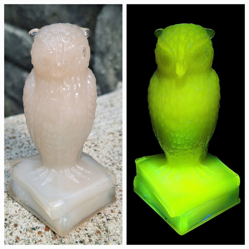 Vintage Degenhart Glass Owl Dirty Joe Pink Semi Opaque Uranium UV Glows Green