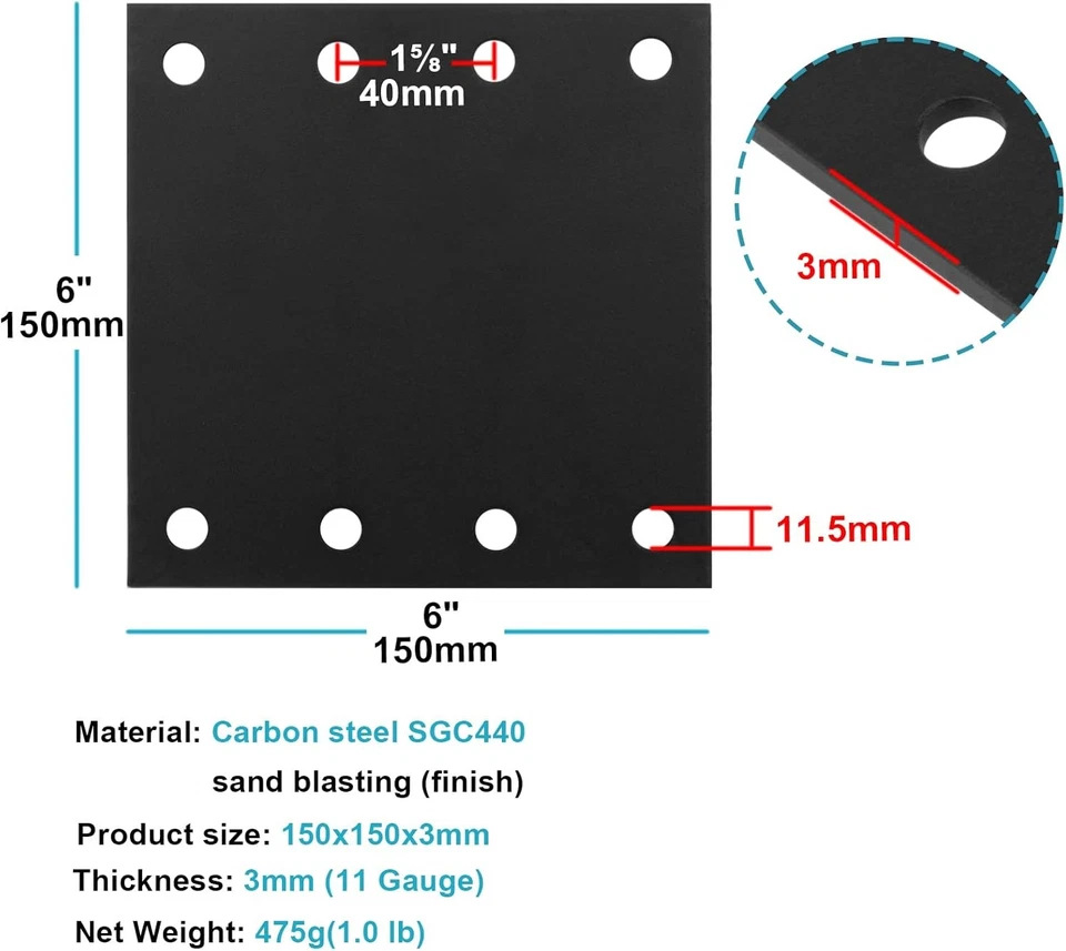 Placa de soporte de reparación recta plana negra de 4 piezas de 6", placa de reparación de fijación de metal Foto 2 de 4