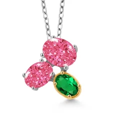 925 Silver and 10K Yellow Gold Fancy Pink Zirconia and Nano Emerald Pendant