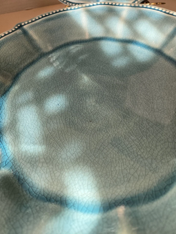 ЖЕНЩИНА-ПИОНЕР набор (5) синих треск глазурь зубчатые обеденные тарелки - 10 1/2" - Изображение 3 из 4