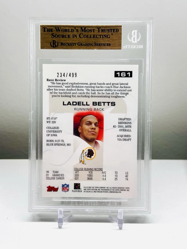 2002 Topps Pristine /499 Ladell Betts #161 Rookie RC BGS 10 PRISTINE GEM MINT - Image 3 of 3