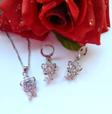 925 Silber Schmuck Set Blumen Strauß Zirkon Kette Anhänger Creolen neu - Bild 1 von 4