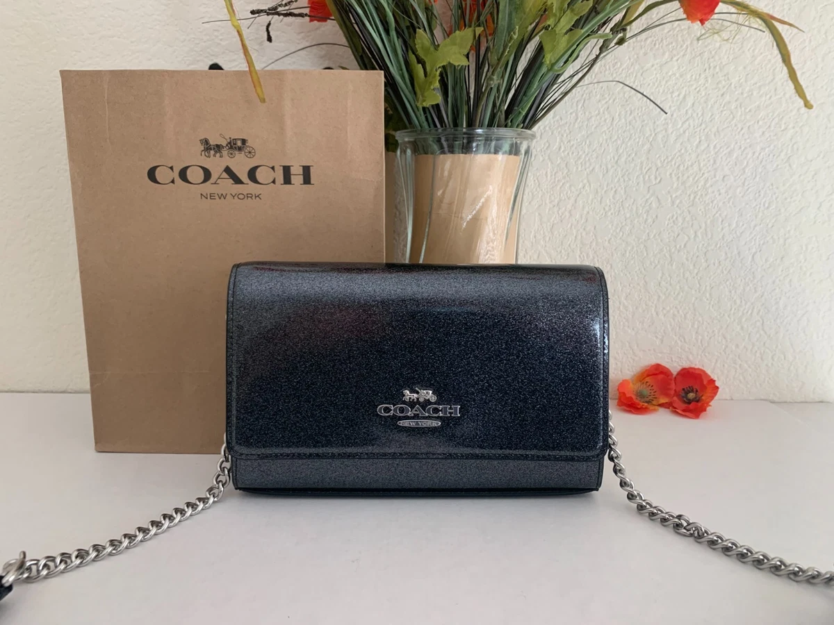 NWT Coach CP032 Flap Clutch Crossbody in Glitter patent smooth Leather Gunmetal