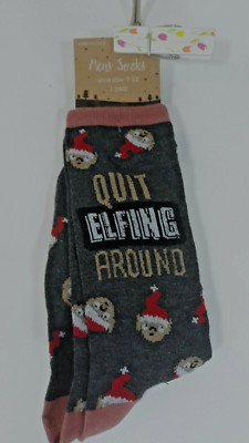 Gertex Quit Elfing Around Graphic Holiday Adults (Shoe Size 7-12)  Gray Socks 