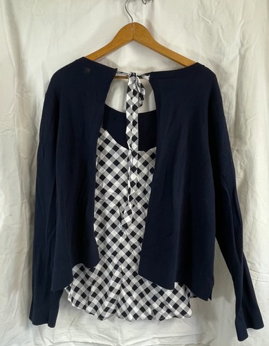 Crown & Ivy Womens 2XL Sweater Faux Shirt Navy White Plaid New with Tags - Picture 5 of 8