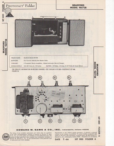 1966 BRADFORD 96172B RECORD PLAYER CHANGER AMPLIFIER SERVICE MANUAL SCHEMATIC