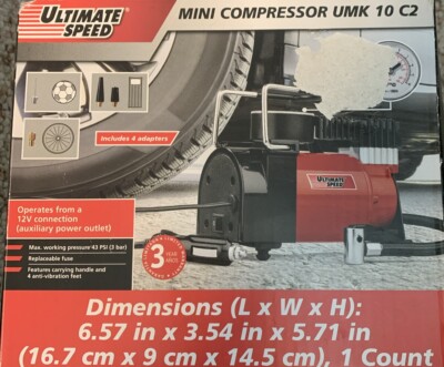 New Ultimate Speed Mini Air Compressor 12V 4 Adapters Tire Inflator
