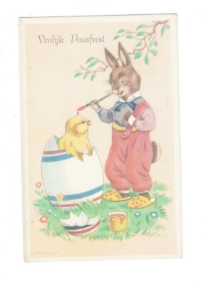 SD3721  EASTER HUMANISED  HARE PAINTIS A CHICK  IN A BIG  EGG COL PRINTED