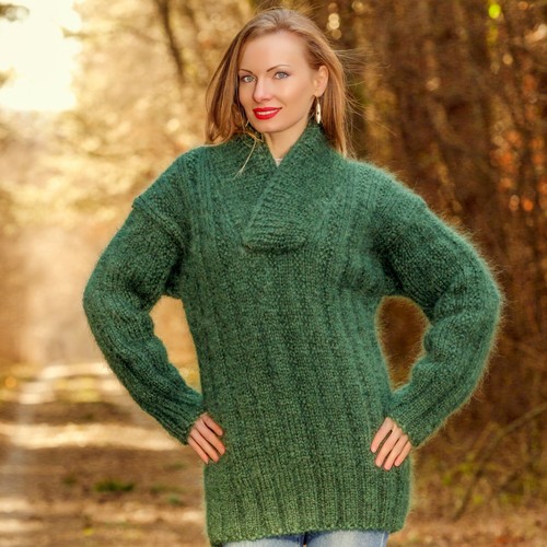 Green mohair sweater handmade longhai warm SuperTanya pullover L-XL - Picture 2 of 7