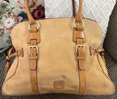 Dooney Bourke Natural Brown Suede & Florentine Leather Domed Buckle Satchel Tote