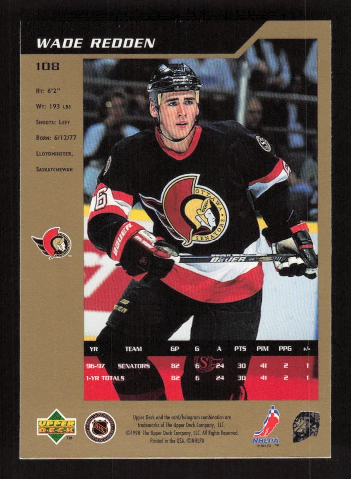 1997 SP Authentic  #108 Wade Redden Ottawa Senators - Image 2 of 2