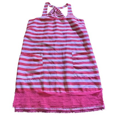 DejaVu Pink White Striped Halter Mini Dress Frayed Hem Size S Beachy Vacay Core