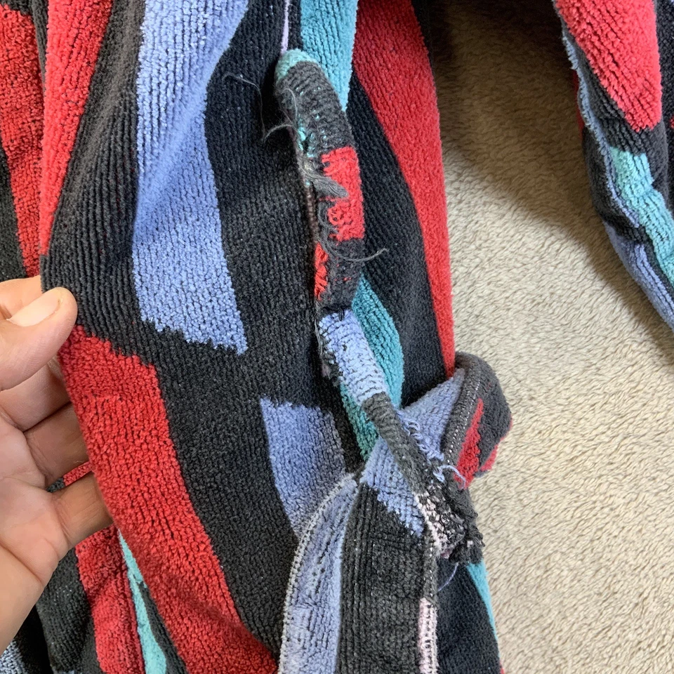 Bata de tela de rizo Bill Blass de colección adulto algodón pesado a rayas negro azul rojo azteca Foto 4 de 4