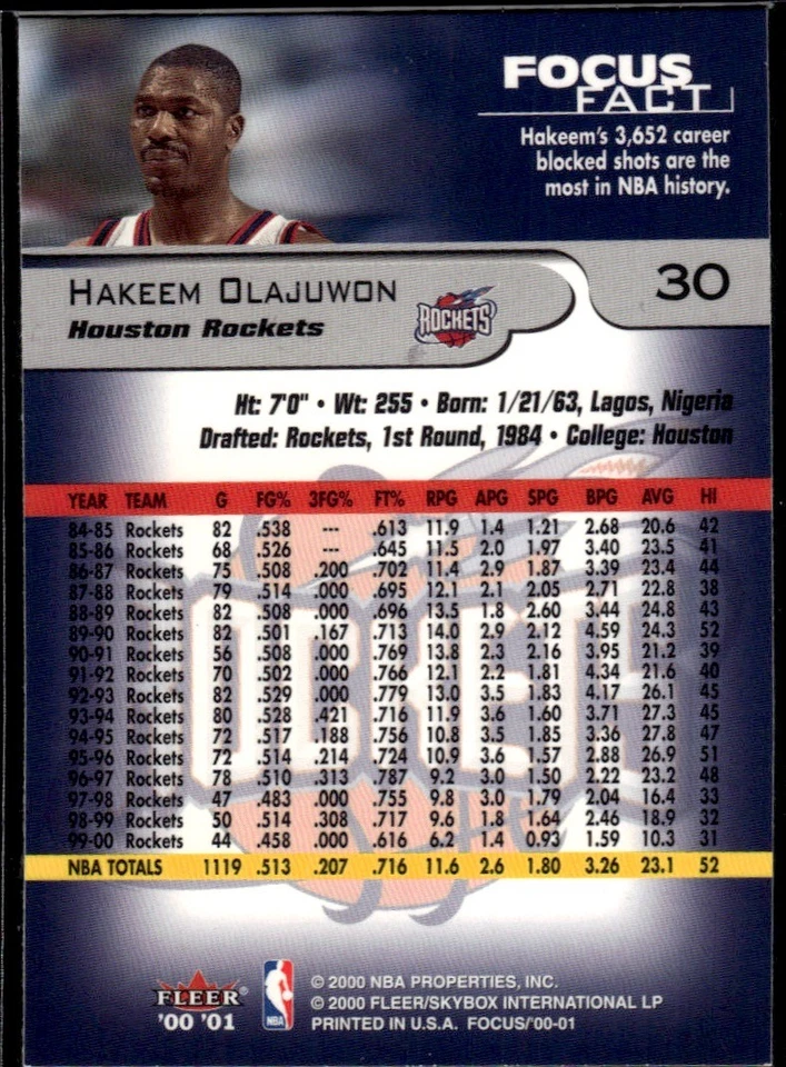 2000-01 Fleer Focus #30 Hakeem Olajuwon - Image 2 of 2