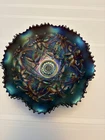 ANTIQUE NORTHWOOD WISHBONE CARNIVAL GLASS BLUE RUFFLED BOWL  Compote Dish 3 feet