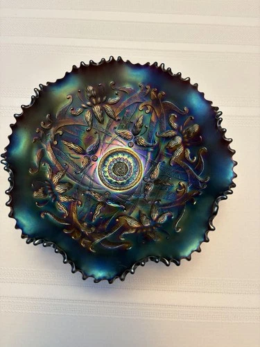 ANTIQUE NORTHWOOD WISHBONE CARNIVAL GLASS BLUE RUFFLED BOWL  Compote Dish 3 feet