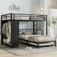 Litera completa con armario empotrado, cama de metal con nido, escritorio plegable
