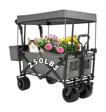 AthLike Extra Large Collapsible Wagon w/Removable Canopy, 250lbs/262L Capacit...