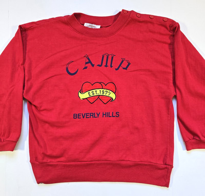 VINTAGE CAMP BEVERLY HILLS SWEATSHIRT Sz L BUTTON SHOULDER BOXY 80s USA RARE