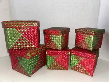 Christmas Palm Leaf Woven Set Of 6 Storage Lined Baskets With Lids Red Green