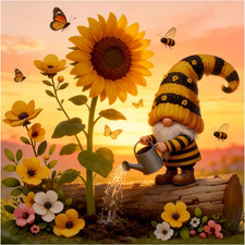 Gnome with Sunflowers Diamond Art Kits for Adults, Cute Gnome Diamond Painting