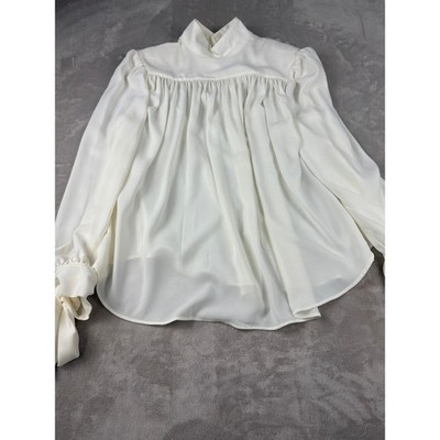 H&M Edition Cream White High Neck Puff Sleeve Tie Cuff Blouse Top Large NWT