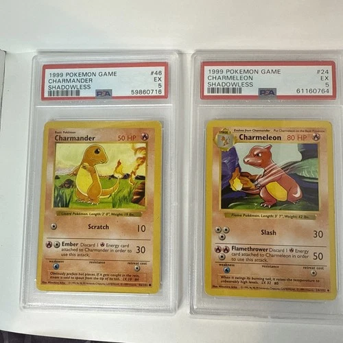 Pokémon 1999 Shadowless Charmander and Charmeleon PSA 5