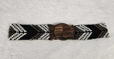 Vintage 70s Seed Bead Wide Belt Carved Wood Interlocking Clasp Stretch Bohemian