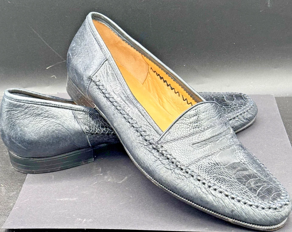 Zapatos Mocasines Genuinos Hombres MORESCHI Azul Marino Avestruz y Cuero Penny 12 Foto 2 de 4