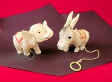 Vintage 1940s Celluloid Donkey Elephant Nodder Figures Occupied Japan Era Pair