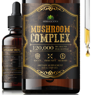 Mushroom Complex 8 Blend - Focus, Memory, Immune Support - 120,000mg - 4 fl oz