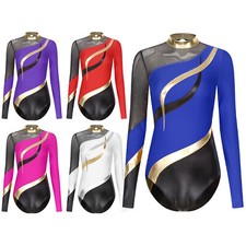 Women Bodysuit Figure Leotard Patchwork Dancewear Mock Neck Costume Performance