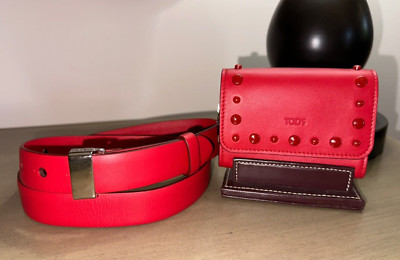 New TOD'S 2 pc Studded red leather waist belt & bag S (80) $795 Made in Italy