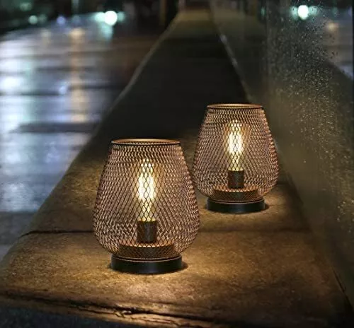 Set of 2 LED Cordless Table Lamp Metal Cage Lantern Night Light Battery Powered