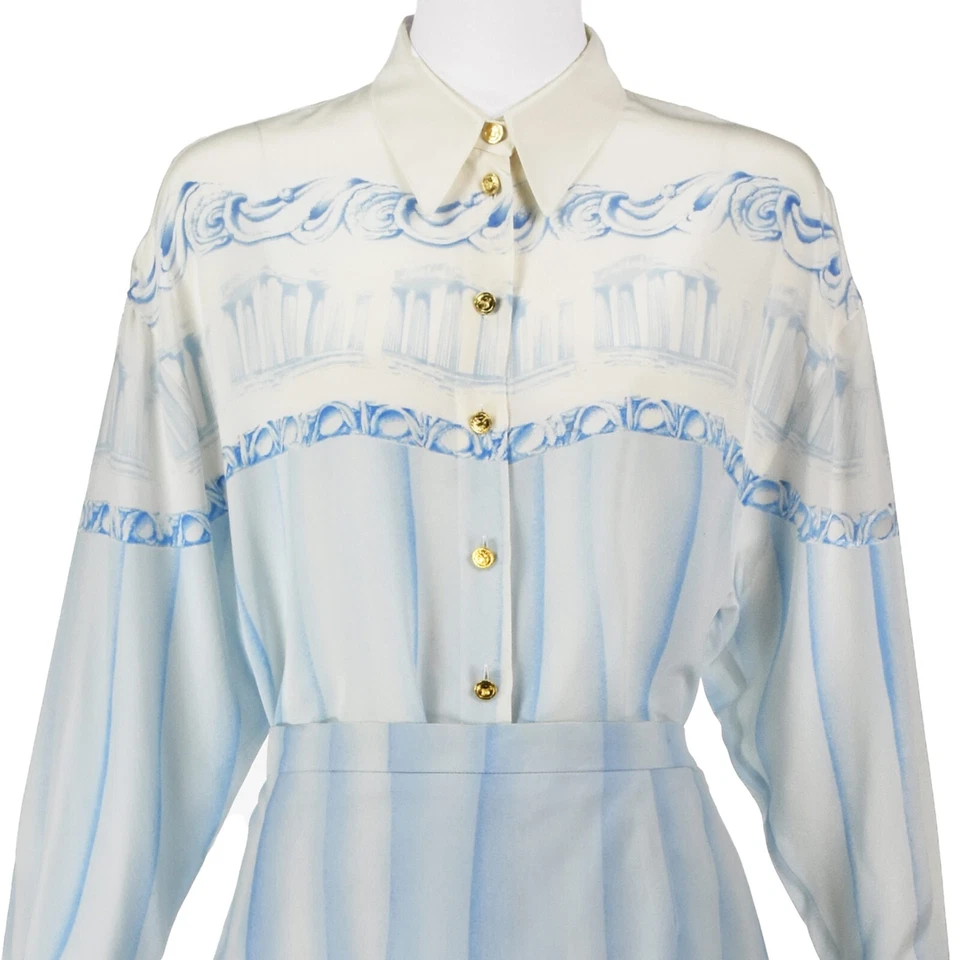 Camisa de seda ESCADA vintage azul pálido y blanco y falda de algodón a juego talla 10/12 Foto 2 de 4