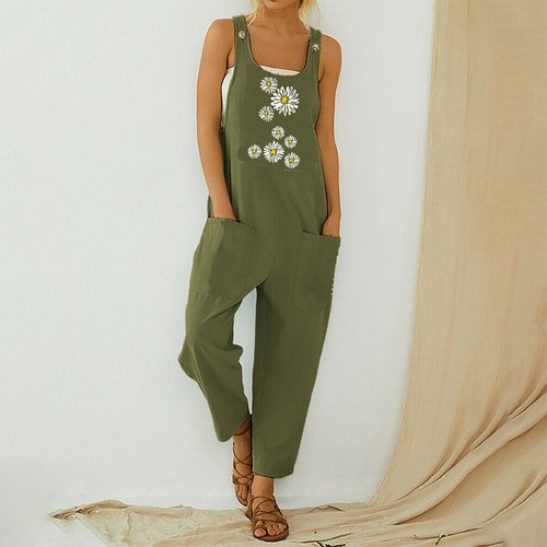 Womens Fashion Flower Dungarees Jumpsuit Playsuit Overalls Trousers Pants Romper - Picture 9 of 25