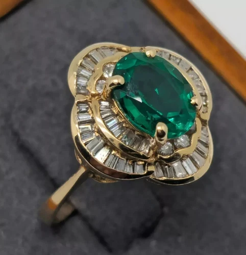 Art Deco Style Oval Emerald Lab Created Diamond 14K Gold Finish Engagement Ring