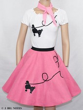 3 PC HOT PINK 50's Poodle Skirt outfit Girl Youth Sizes 10,11,12,13 W 25"-30"