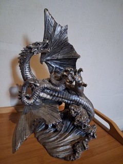Large Dragon Fighting A Serpent Statue On Waves Snake Pewter Paint 28cm High
