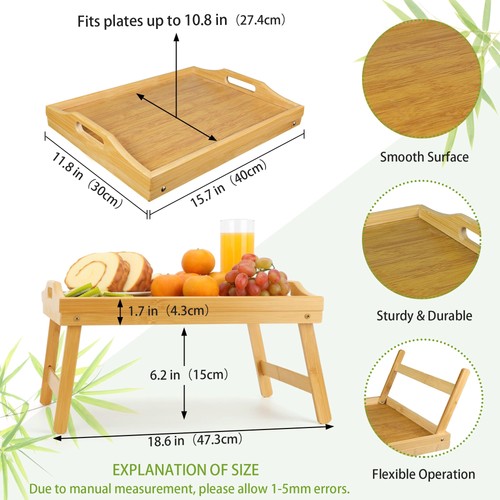Bamboo Bed Tray with Folding Legs 15.7x11.8 Inch Portable Breakfast for Laptop - Picture 4 of 9