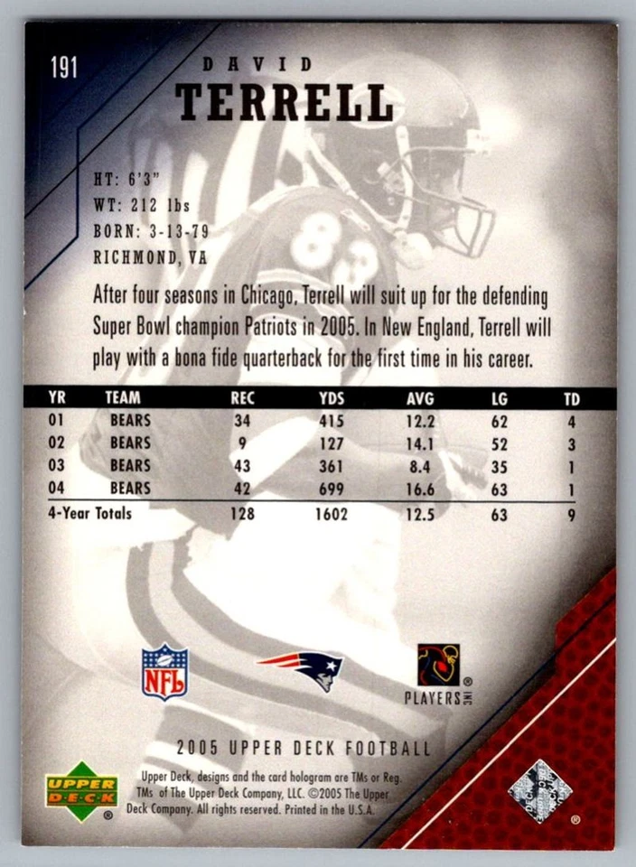 2005 Upper Deck David Terrell New England Patriots #191 - Image 2 of 2