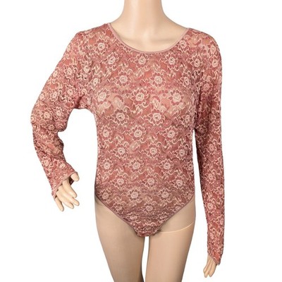 Vtg 90s Provocation Burnt Orange Lace Bodysuit M Sheer Floral Grunge Snap Bottom