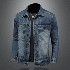 Luxury Men Washed Blue Distressed Denim Jacket Moderate Fit Fashion Trucker Coat
